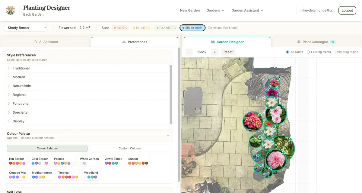 The preferences panel showing garden styles and colour palette options