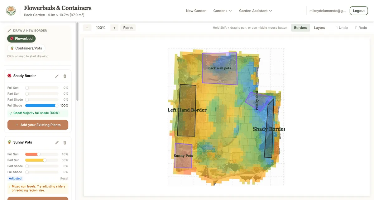 The Floor Plan Editor showing your garden with the sun map overlay