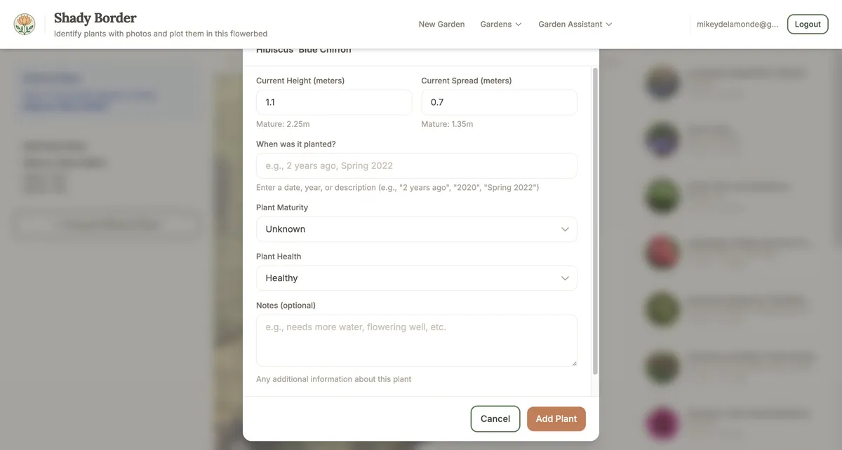 The plant information dialog where you record details