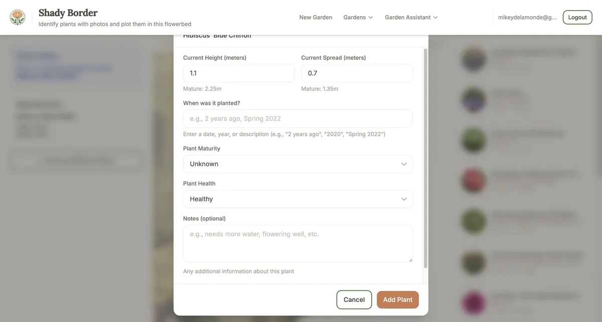The plant information dialog where you record details
