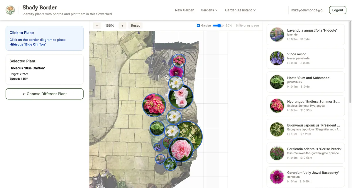Placing mode showing the selected plant ready to be positioned