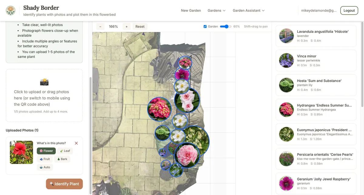 The photo upload interface with plant part selection