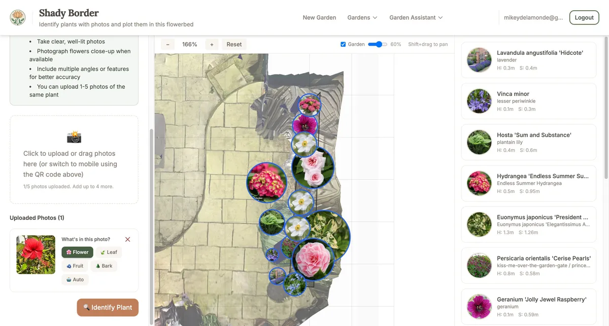 The photo upload interface with plant part selection