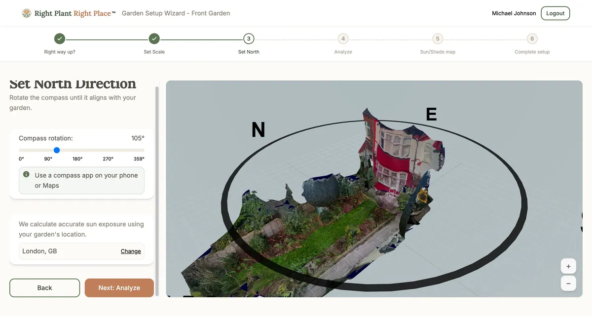 The North step with compass rotation and location search