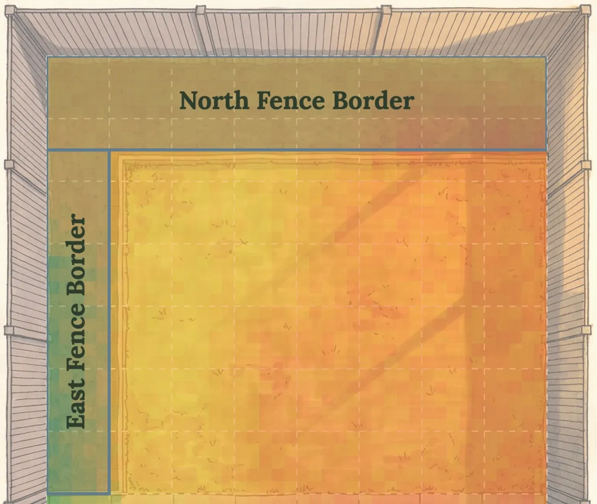 Sun exposure profile of the new-build garden showing mixed light conditions across the back border