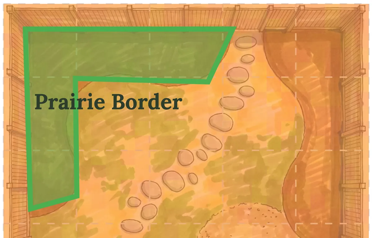 Empty L-shaped prairie border shown on garden plan, ready for planting with stepping stones curving through the lawn